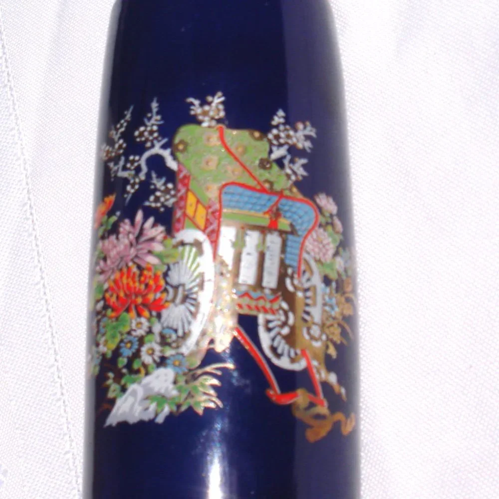 Blue Bud Vase Japan Vintage Porcelain Glass Gold Leaf Home Decor Small Vases VTG - Picture 9 of 10